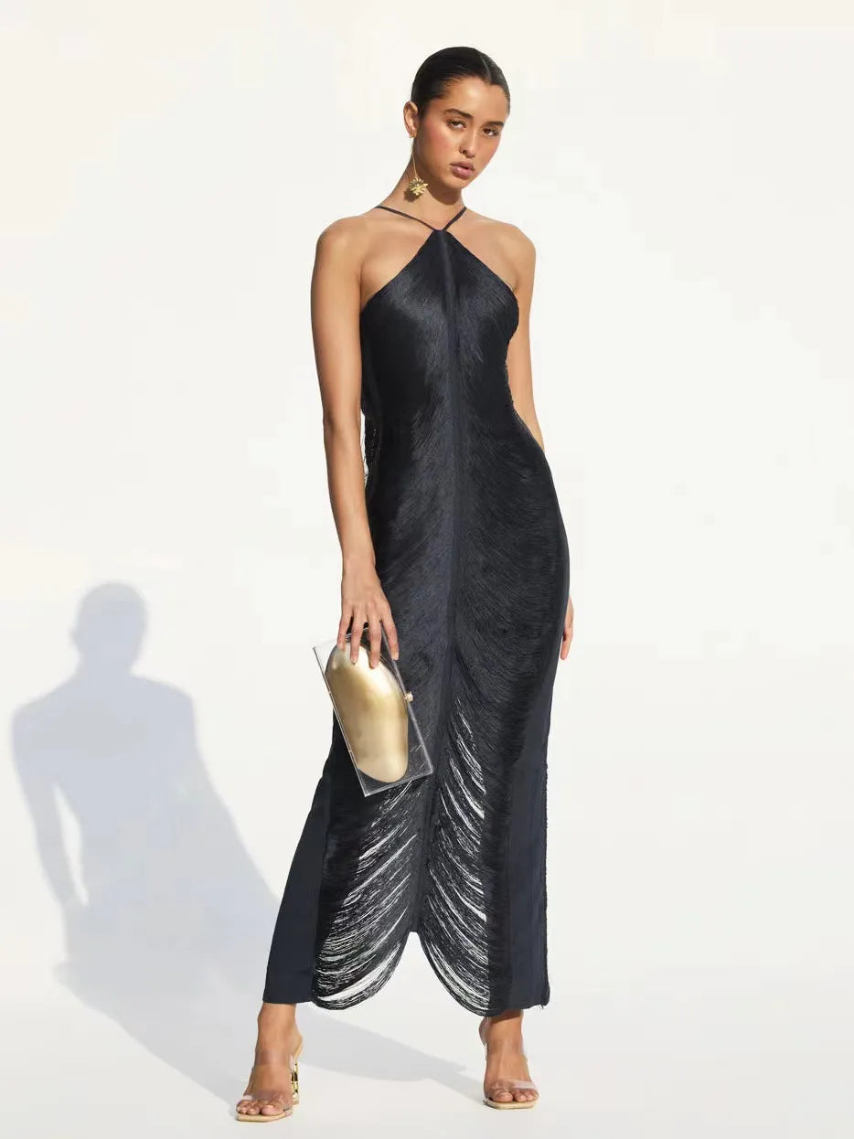Robe asymétrique à franges - Robe femme moderne à manches longues