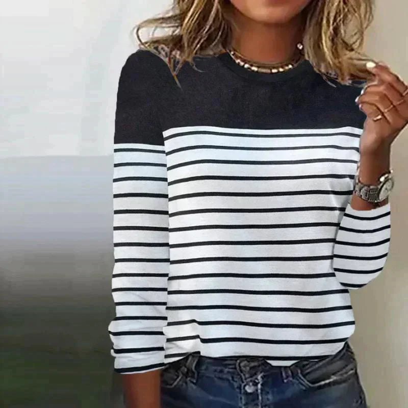 Haut Femme Manches Longues - Col Rond - Coupe Ample - Motif Rayé Casual