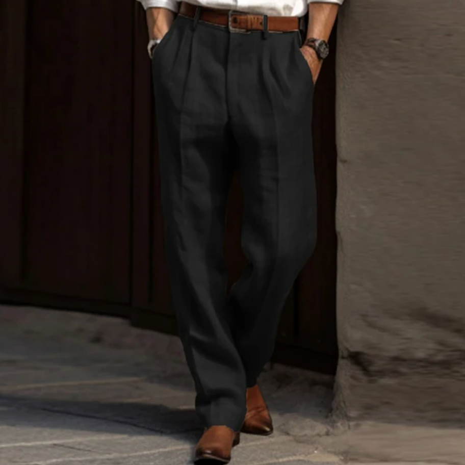 Pantalon Homme - Laine Mélangée - Coupe Ample - Taille Ceinturée - Poches Latérales