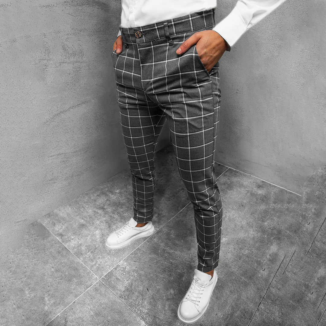 Pantalon Homme - Coupe Slim - Motif à Carreaux - Style Élégant Semi-Formel