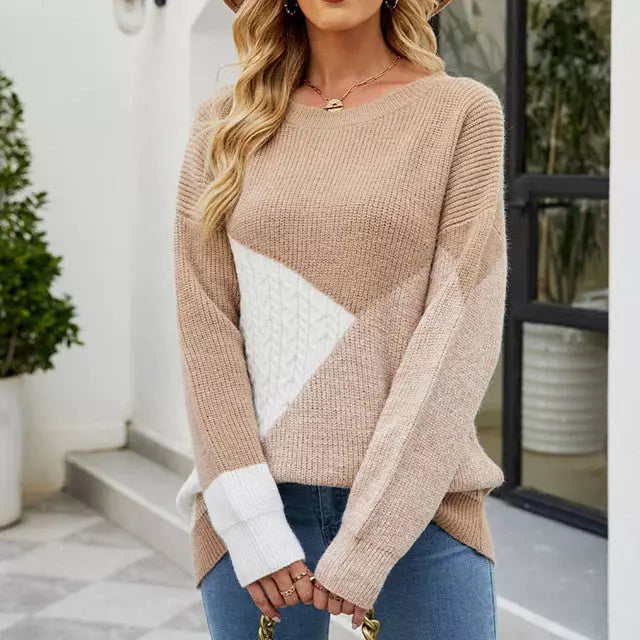 Pull Femme - Maille Tricotée - Coupe Ample - Manches Longues - Motif Géométrique