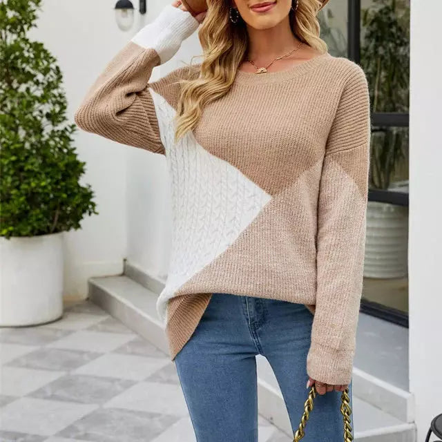 Pull Femme - Maille Tricotée - Coupe Ample - Manches Longues - Motif Géométrique
