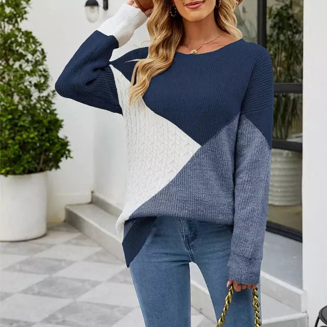 Pull Femme - Maille Tricotée - Coupe Ample - Manches Longues - Motif Géométrique