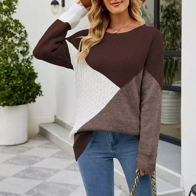 Pull Femme - Maille Tricotée - Coupe Ample - Manches Longues - Motif Géométrique