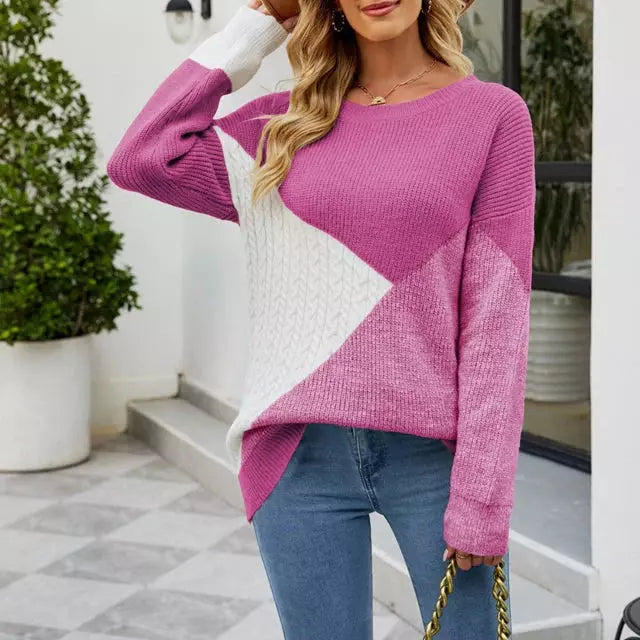 Pull Femme - Maille Tricotée - Coupe Ample - Manches Longues - Motif Géométrique