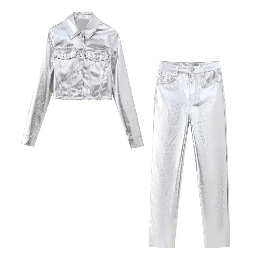 Pantalon Femme - Taille Haute - Coupe Droite - Finition Métallisée Élégante