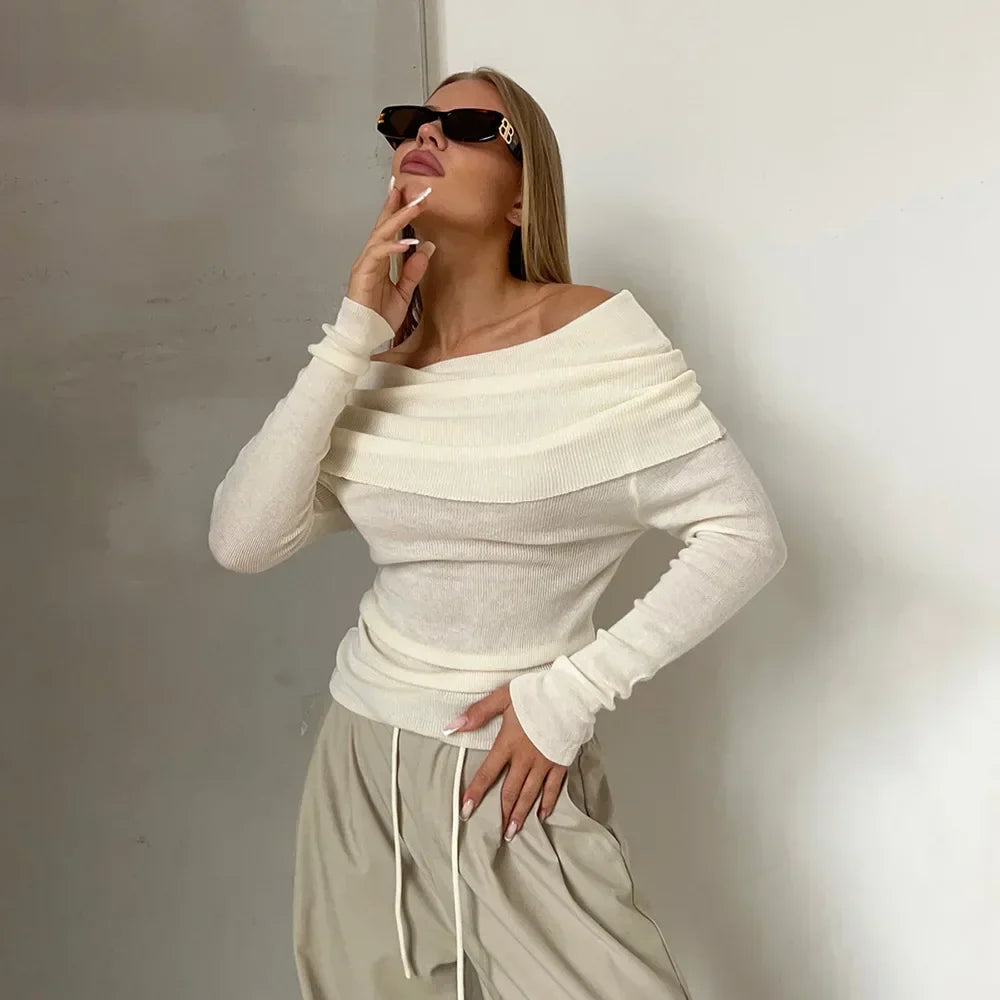 Pull femme - Épaules dénudées - Col drapé côtelé - Manches longues ajustées