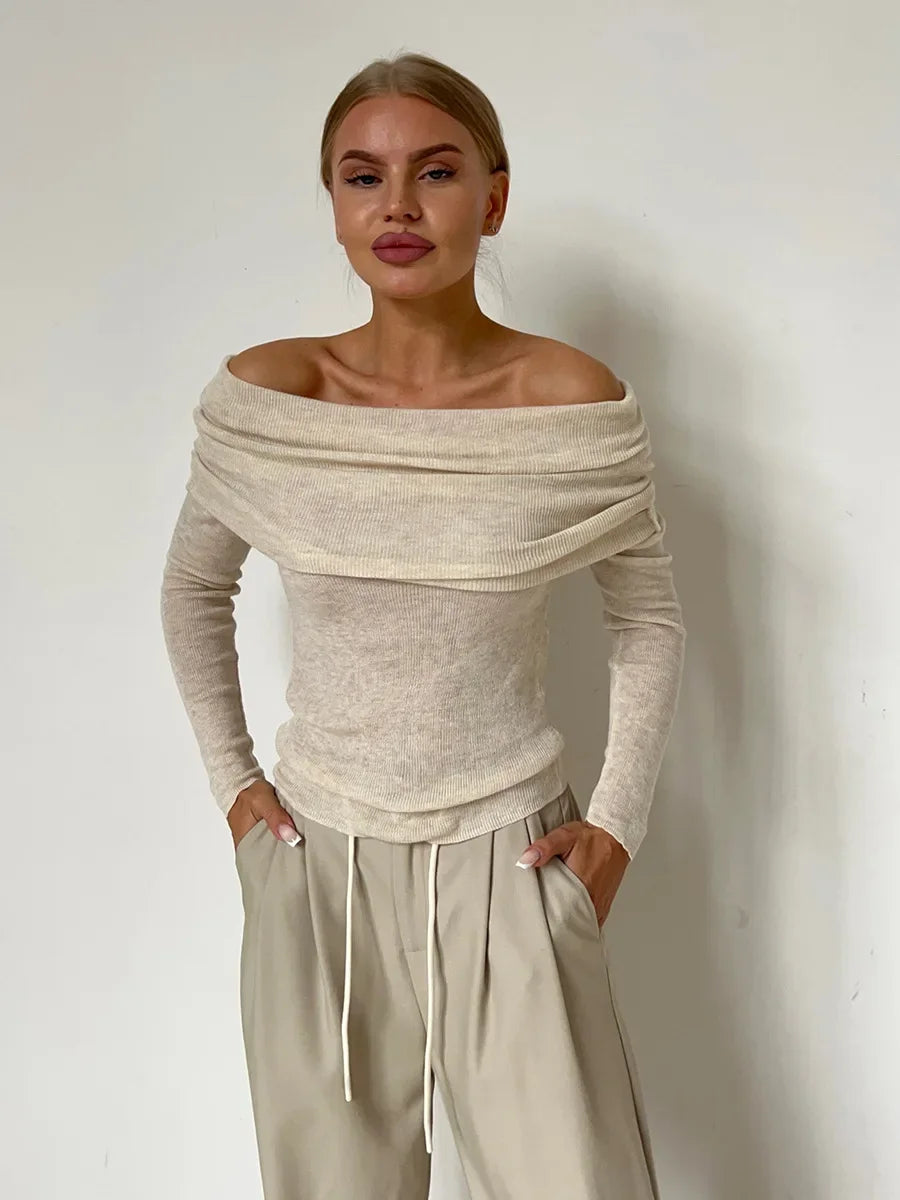 Pull femme - Épaules dénudées - Col drapé côtelé - Manches longues ajustées