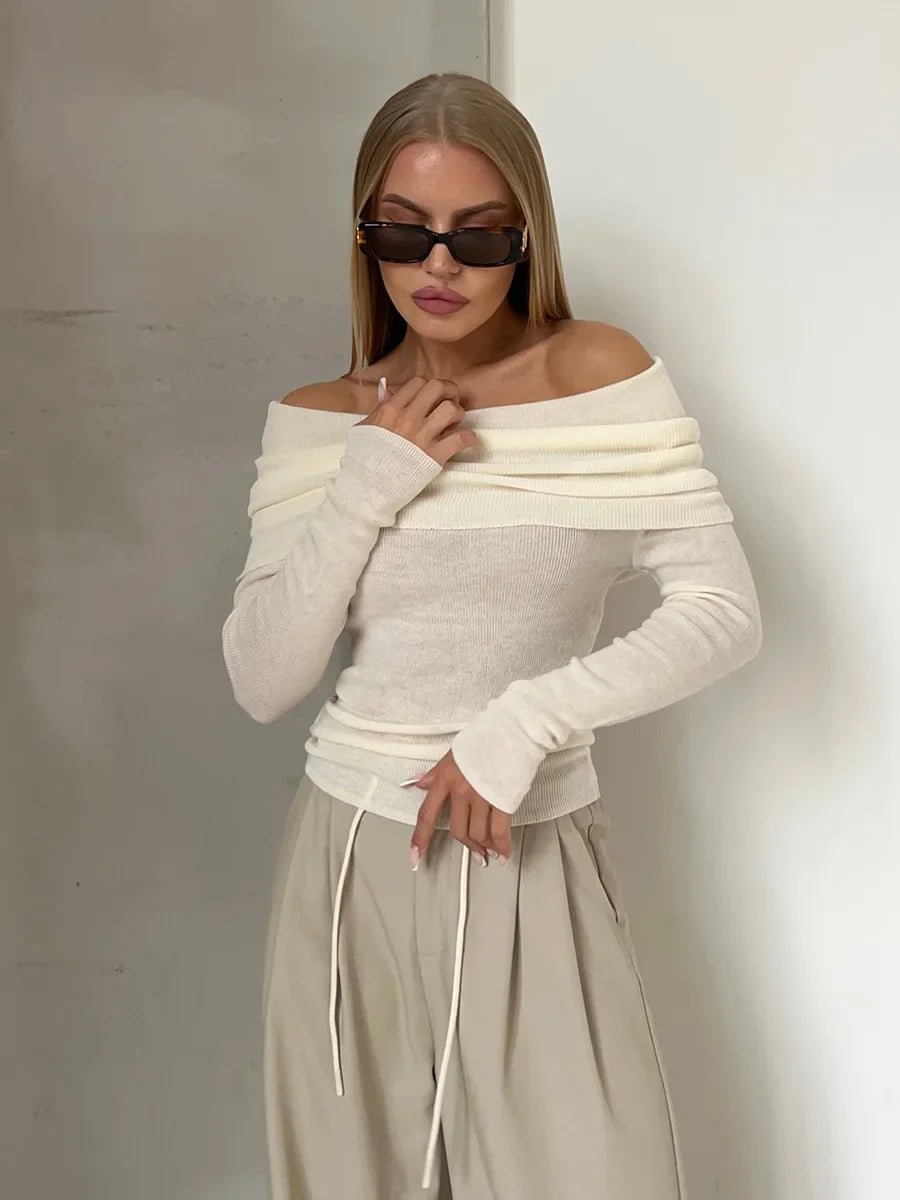 Pull femme - Épaules dénudées - Col drapé côtelé - Manches longues ajustées