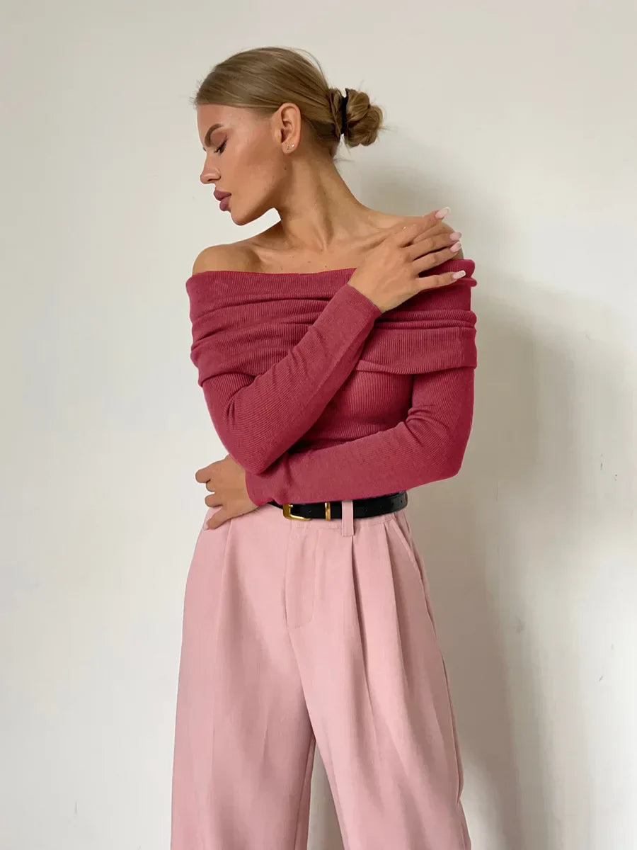 Pull femme - Épaules dénudées - Col drapé côtelé - Manches longues ajustées