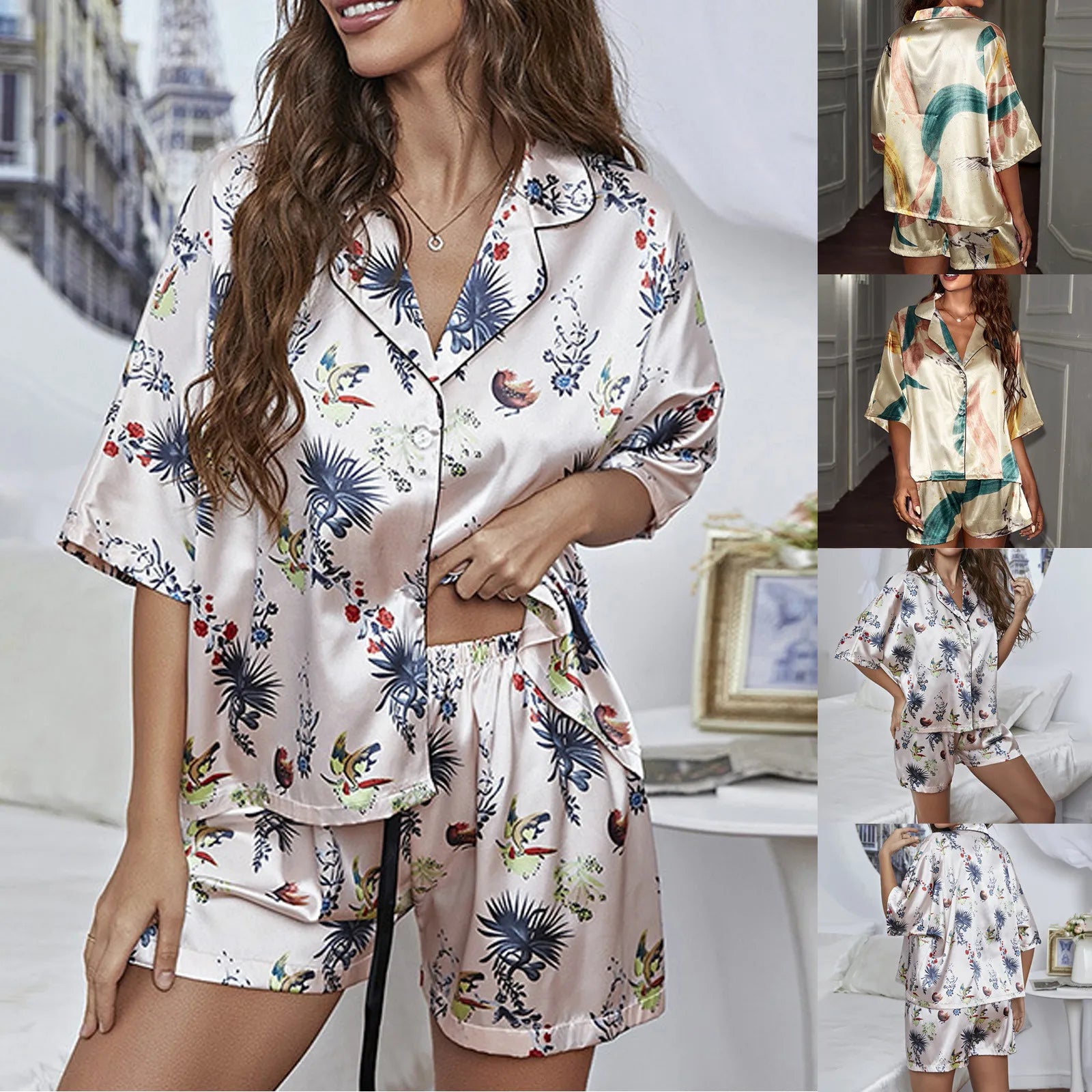 Pyjama Femme Satin – Chemise Boutonnée Manches Courtes – Short Taille Élastique – Doux et Confortable