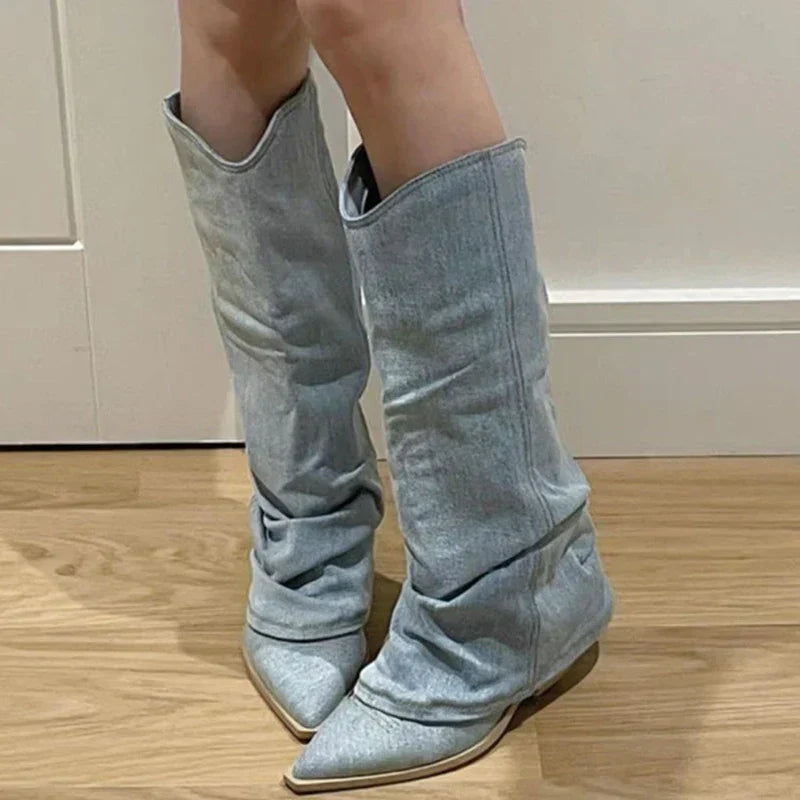 Bottes Hautes Femme - Denim - Bout Pointu - Talon Bas - Coupe Légèrement Ample