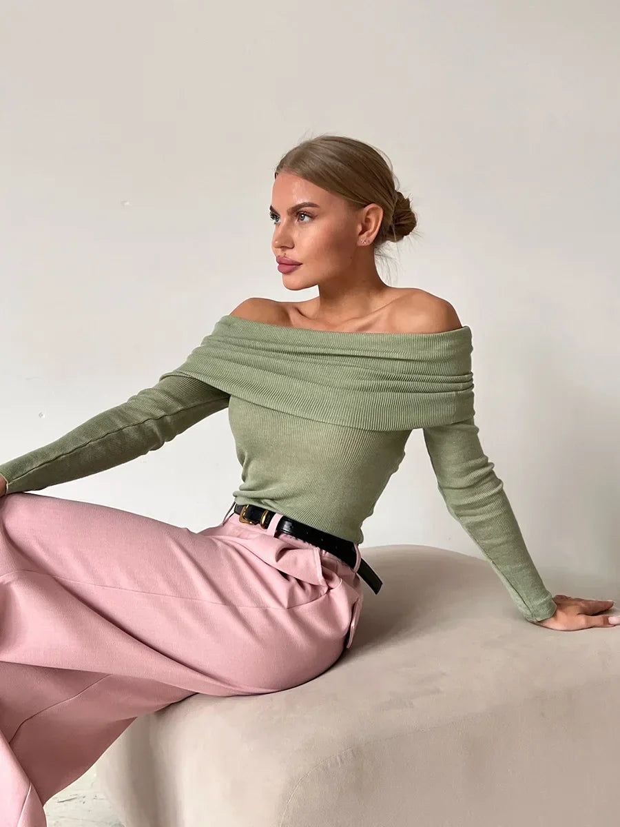 Pull femme - Épaules dénudées - Col drapé côtelé - Manches longues ajustées