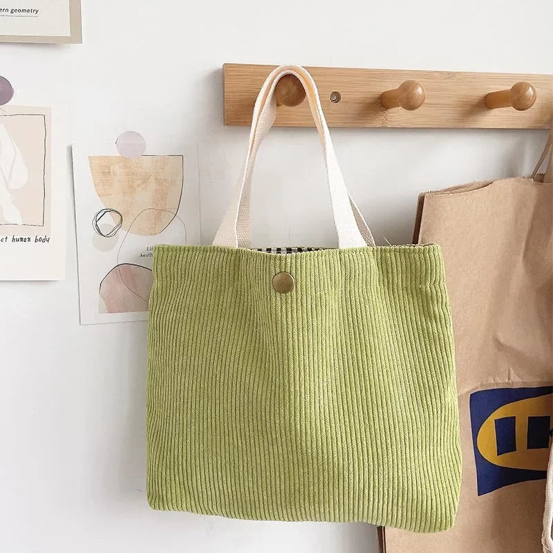 Sac Cabas Femme - Velours Côtelé - Bouton Pression - Poignées Robustes
