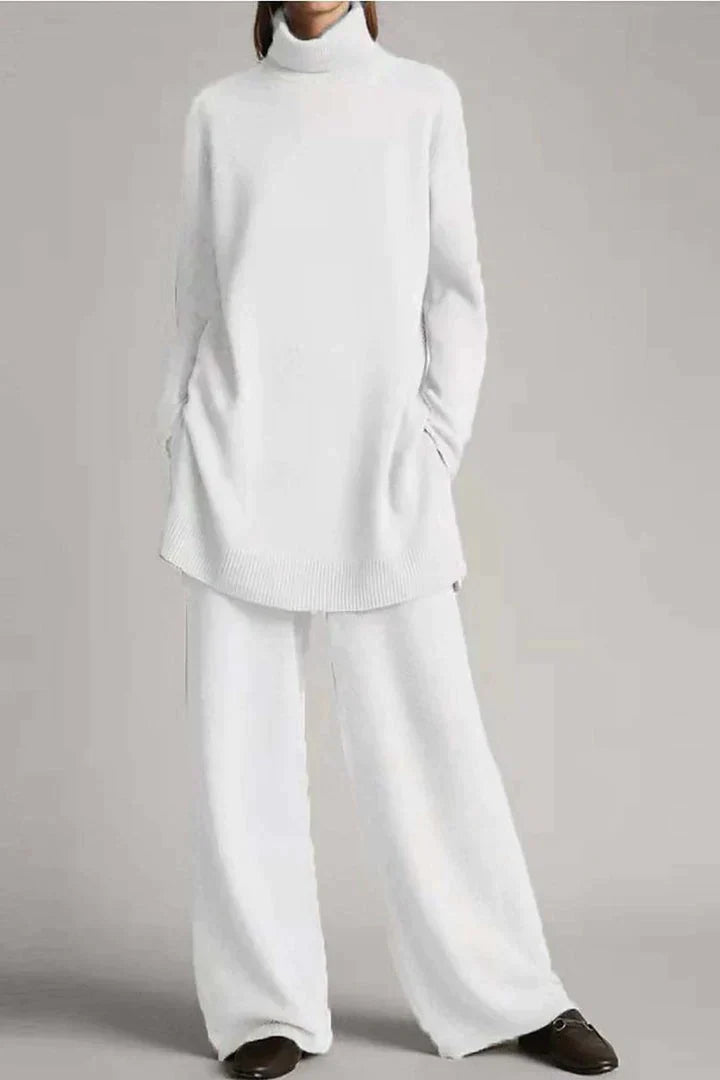 Ensemble Femme - Pull Col Roulé Ample Tricoté & Pantalon Large Longueur Complète